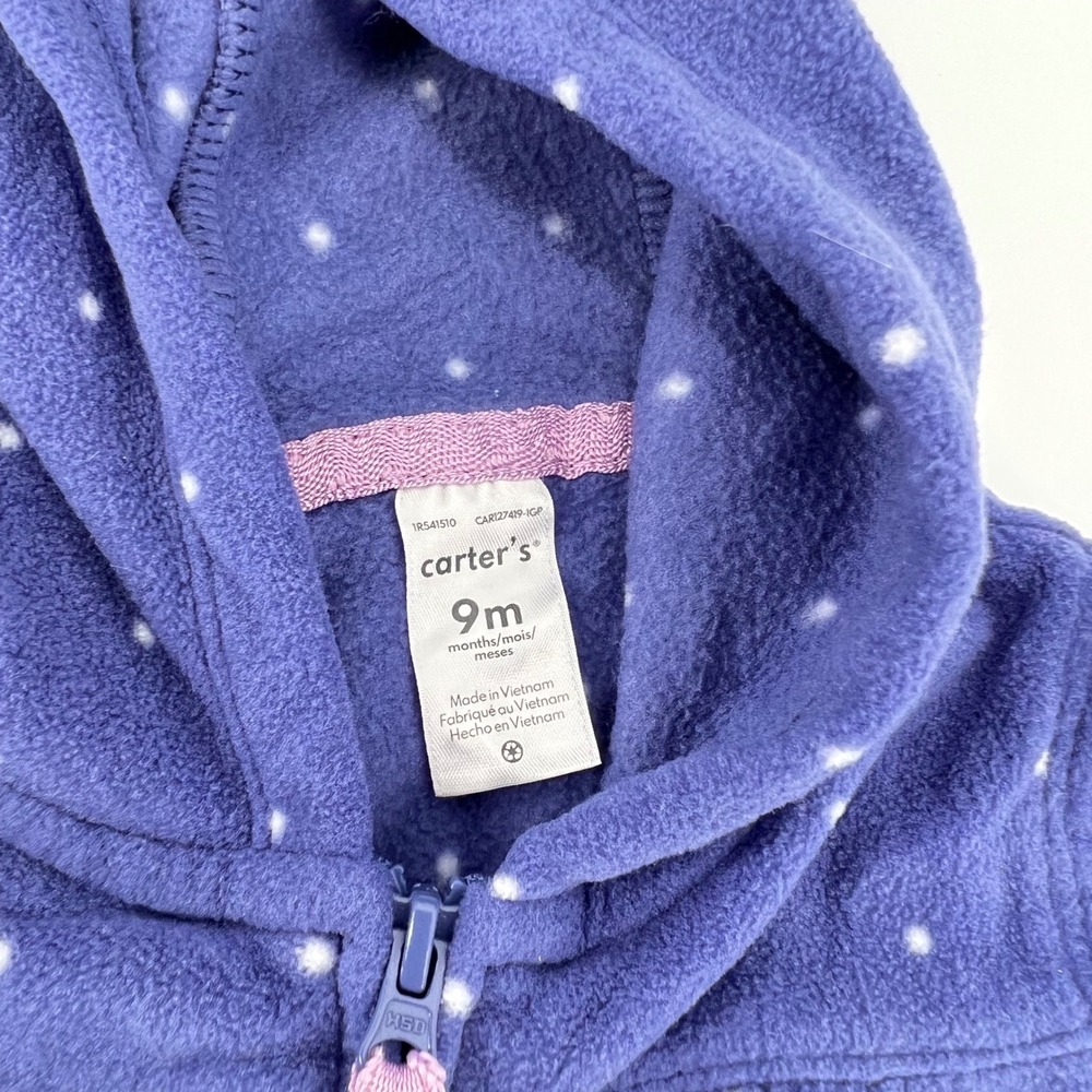 Carter's Baby‎ Girl Hooded Fleece Robe 9M Purple Polka Dot Bunny Zip Front - Picture 2 of 7